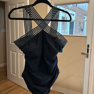 Aqua Green Ladies Black Swimsuit.  Nylon/Spandex.  Crossover neckline.